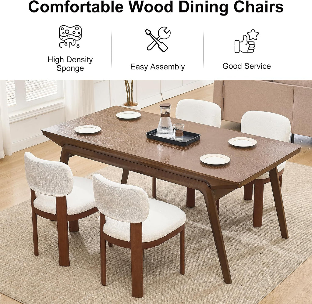 Dining Chairs Set of 2, Teddy Teddy Upholstered Kitchen Chairs with Curved Backrest and Solid Wood Legs, Farmhouse Side Chairs for Restaurant Cafe Living Room (White+Brown Legs)