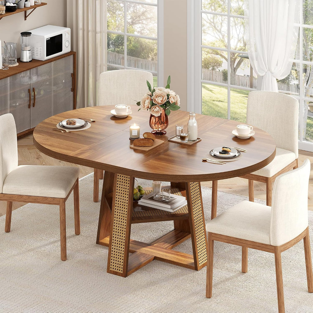 43"-59" Extendable Round Dining Table for 4-8, Transformer Oval Modern Kitchen Table with Removable Leaves Space Saving, Wood Dining Room Table with Storage Shelf for Kitchen, Walnut, Cross Leg