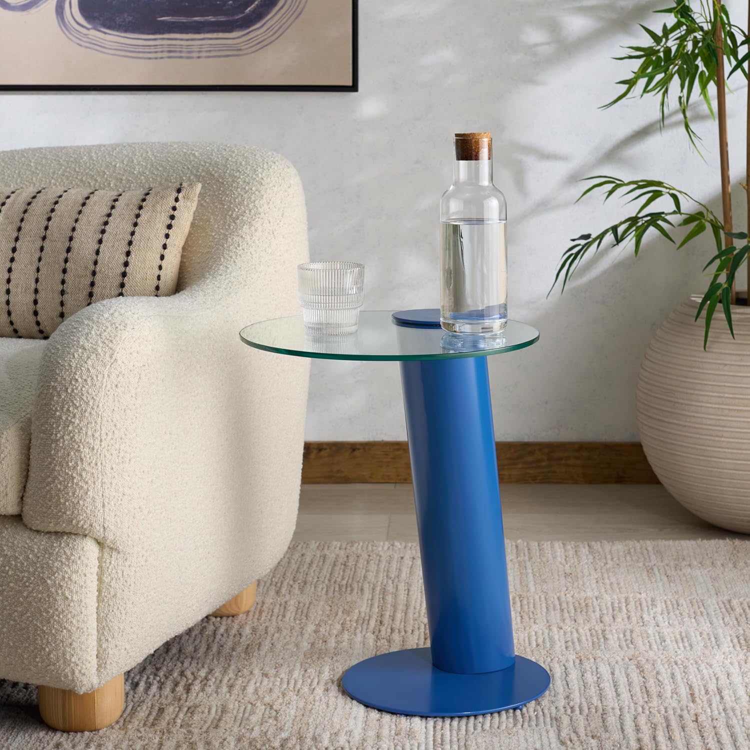 SAFAVIEH Couture Collection - Richardson Blue Metal Accent Table, Sculptural Modern Side Table, Round Glass Top Design (SFV6804C)