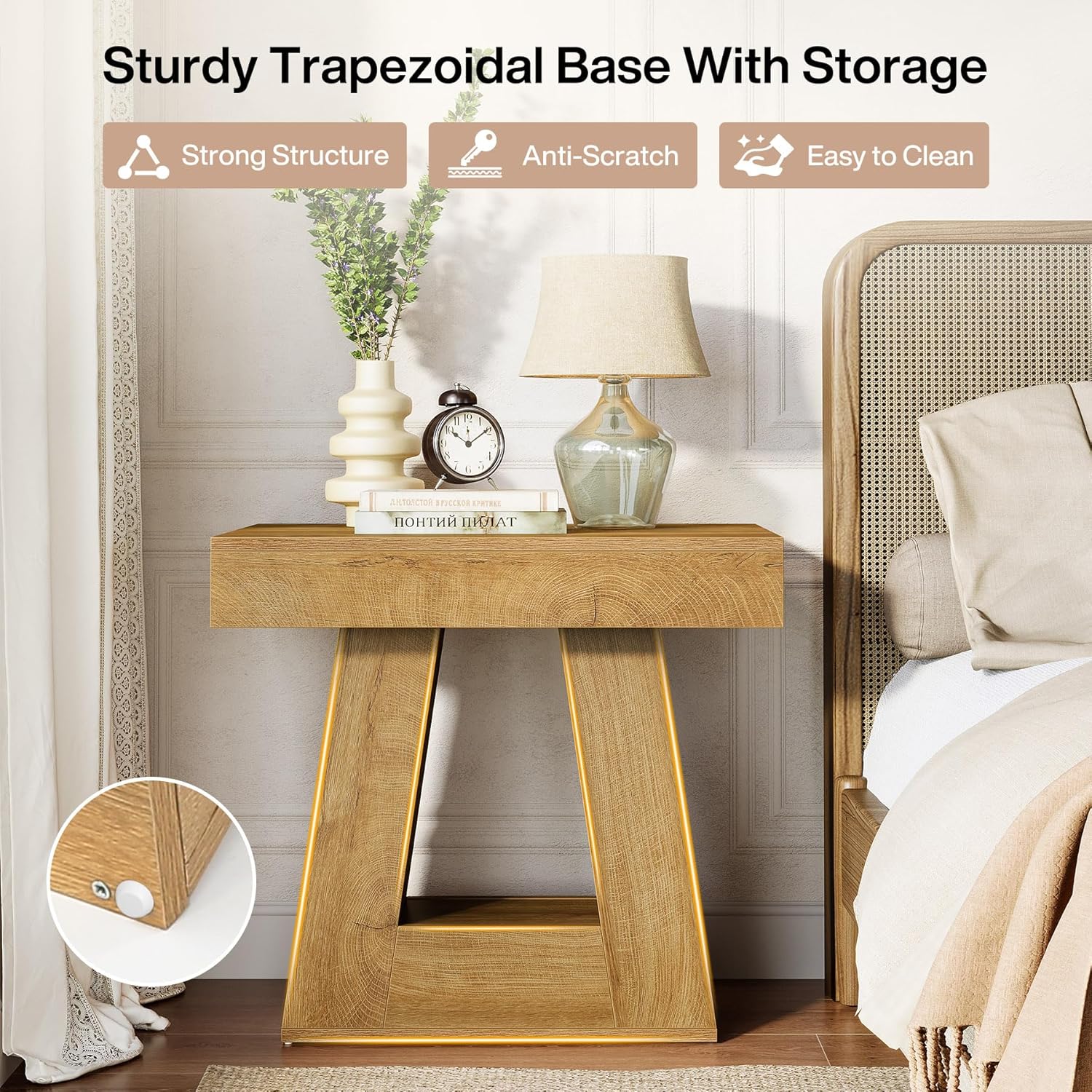 Tribesigns 24" Modern Side Table, 2-Tier Narrow Wooden End Table with Trapezoid Base, Farmhouse Small Nightstand for Living Room, Bedroom, Natural Wood Color