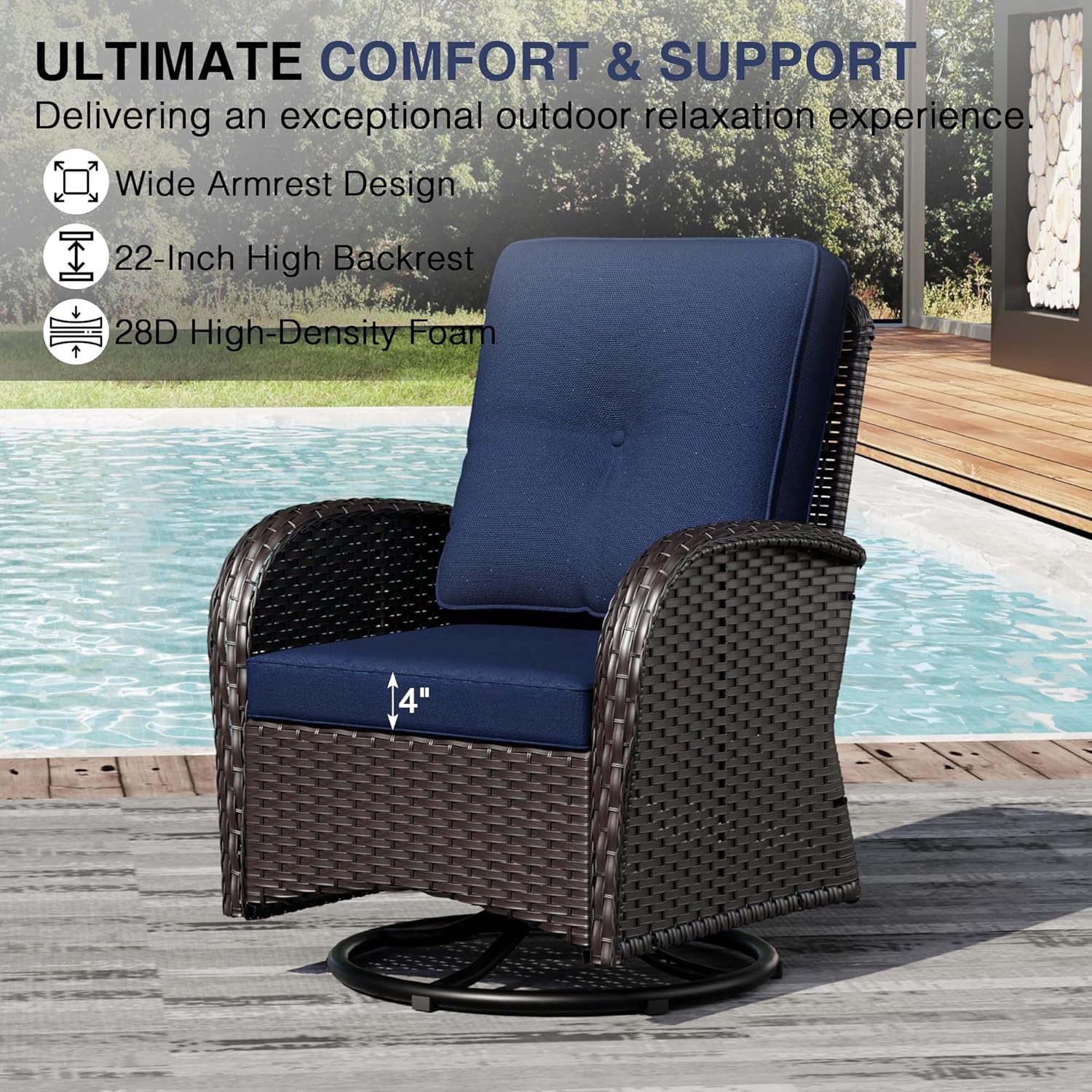 Joyside Wicker Patio Furniture Set, 6 Piece Outdoor Furniture Set with Thickened Cushions, High Back, Deep Seating, Wide Armrest, Outdoor Swivel Rocker Chairs for Porch, Deck