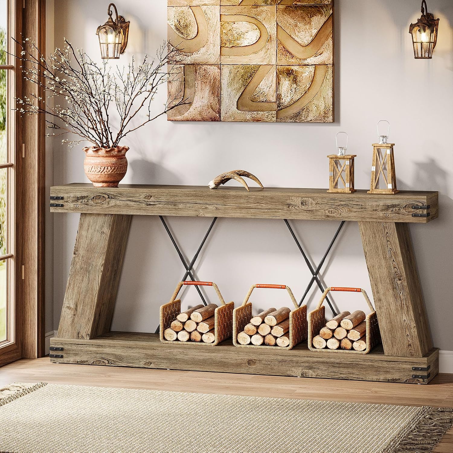 Tribesigns 70.87" Farmhouse Console Table with Storage (Light Brown Oak) | Narrow Sofa Table Behind Couch with Shelf, Rustic Entryway Table for Hallway, Living Room, Foyer, Entrance