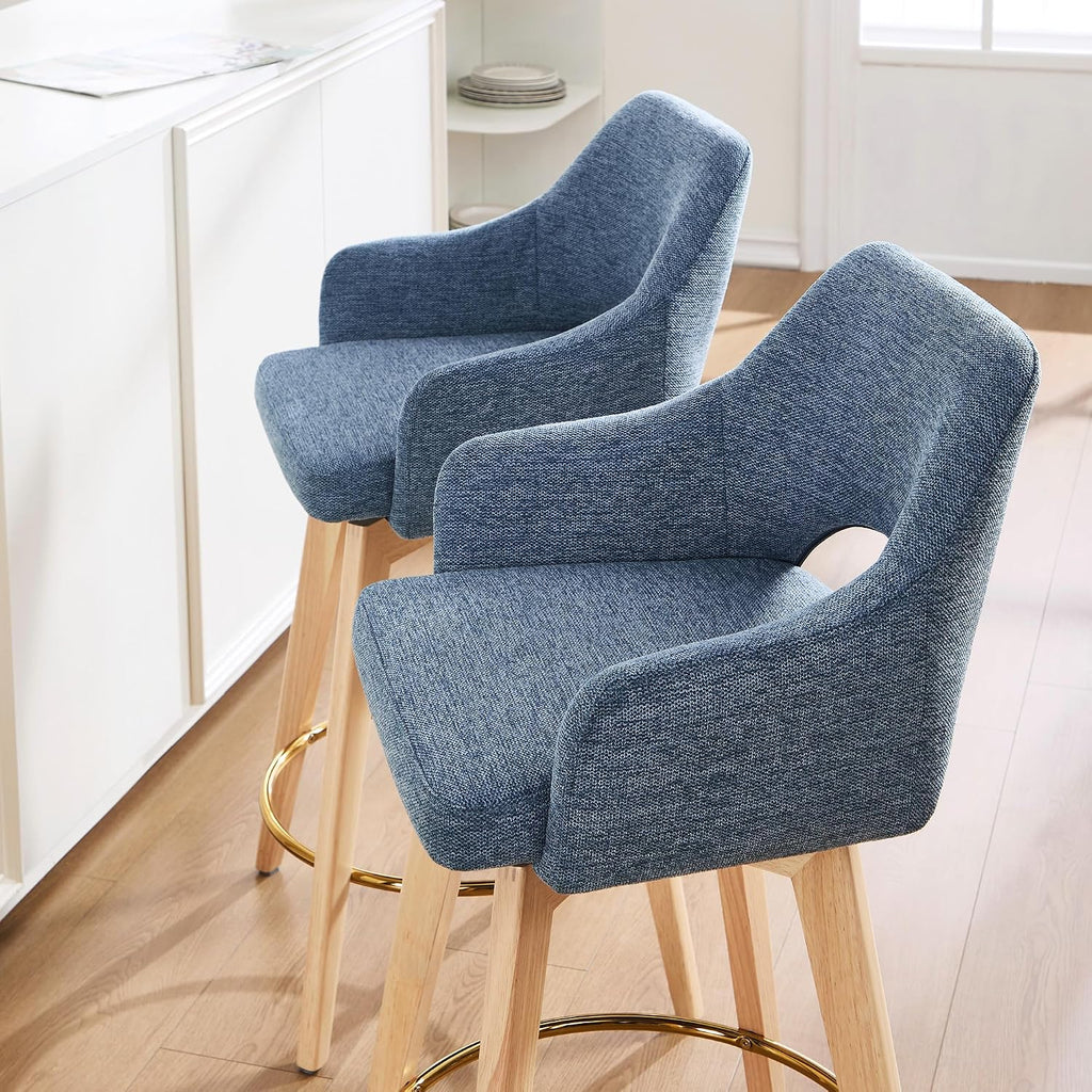 Zesthouse Swivel Counter Stools Set of 4, Wooden Counter Height Bar Stools | 26" Farmhouse Counter Stools with Back & Arm, Upholstered Linen Fabric Barstool with Solid Wood Leg, Blue Island High Chairs