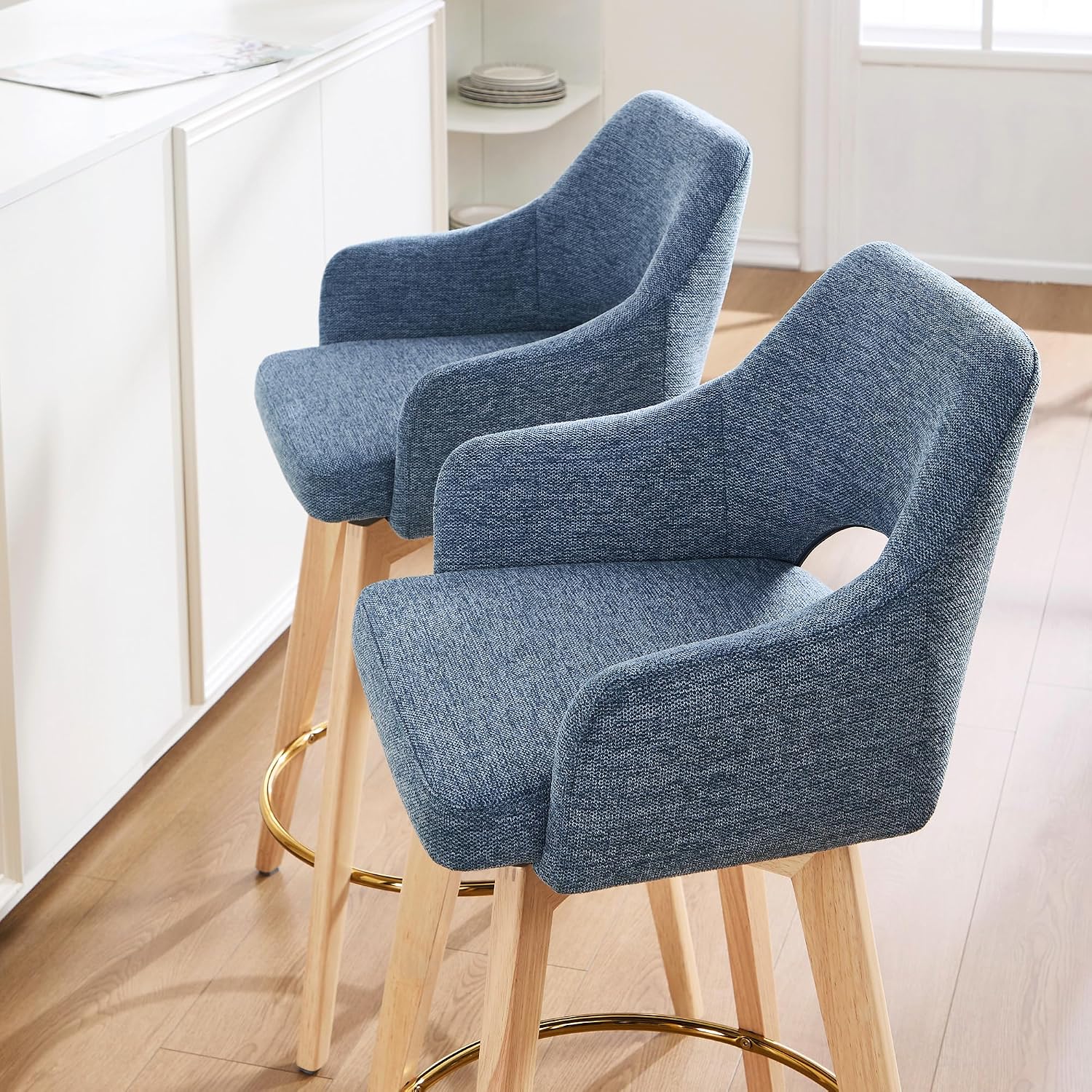 Zesthouse Swivel Counter Stools Set of 4, Wooden Counter Height Bar Stools | 26" Farmhouse Counter Stools with Back & Arm, Upholstered Linen Fabric Barstool with Solid Wood Leg, Blue Island High Chairs