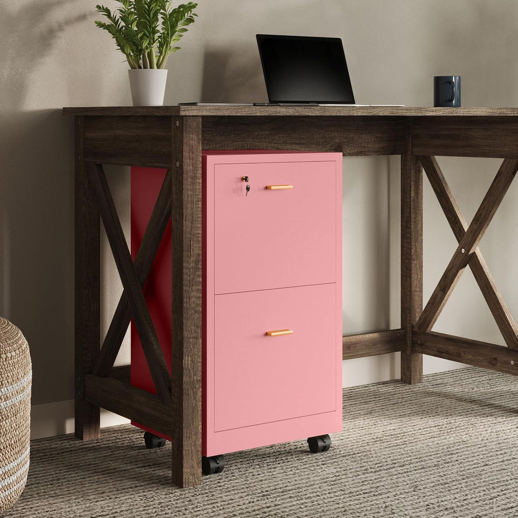 Lavish Home 2-Drawer Wooden File Cabinet with Lock, Pink, 16” x 27” | Rolling Filing Organizer with Deep Drawer Storage for Under the Desk, Home, or Office