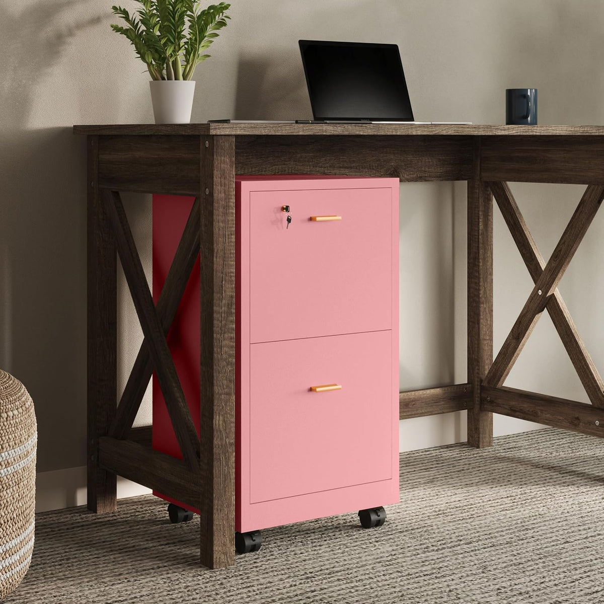 Lavish Home 2-Drawer Wooden File Cabinet with Lock, Pink, 16” x 27” | Rolling Filing Organizer with Deep Drawer Storage for Under the Desk, Home, or Office
