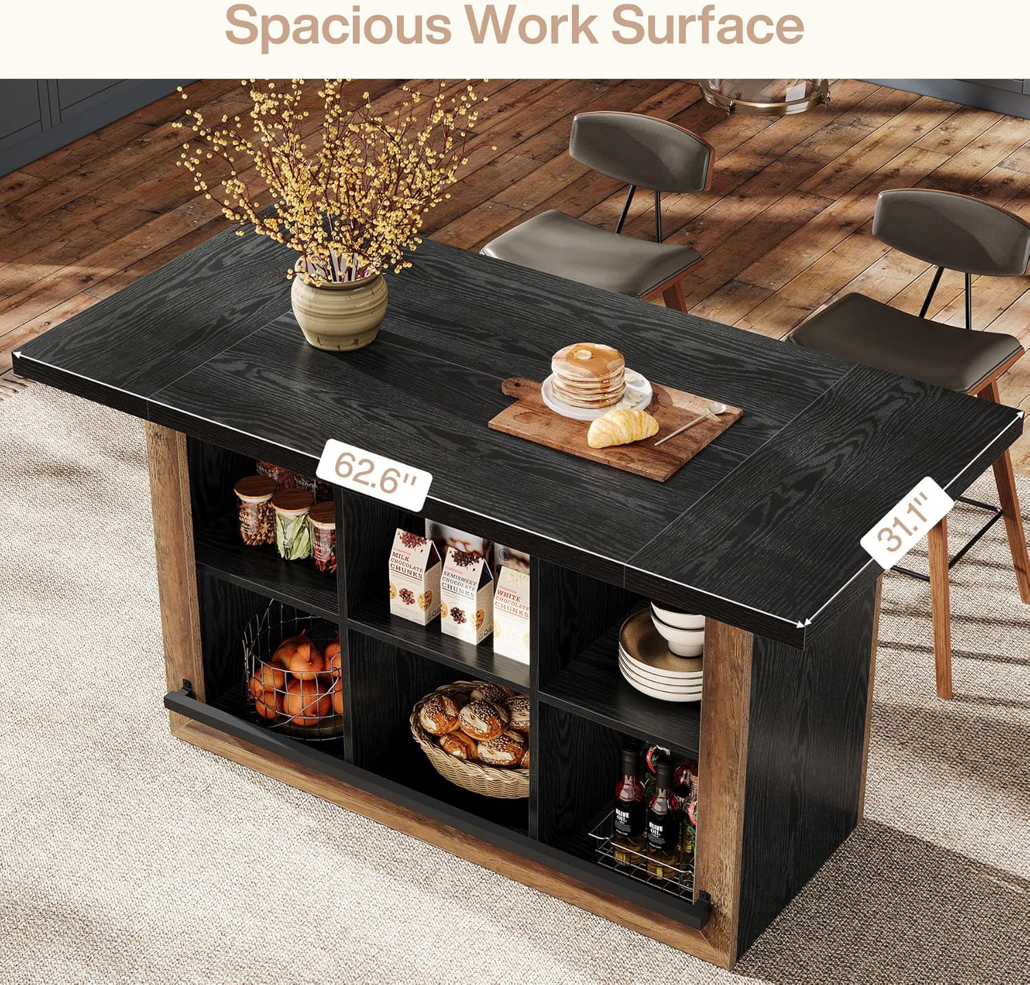 Tribesigns Kitchen Island with Storage, 62.6" Farmhouse Kitchen Island Table with 6-Cubby Open Shelves & Metal Foot Rail, Butcher Block Counter Height