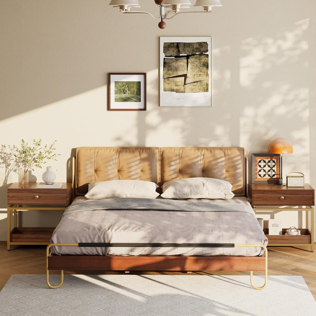 WiberWi End Table with Drawer and Open Shelf, 2 Tiers Sofa Side Table with Gold Metal Frame for Living Room, Modern Nightstand Bedside Table for Bedroom, Walnut