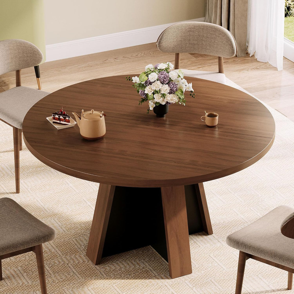 iPormis 47-Inch Round Dining Table for 4-6 People, Modern Wooden Kitchen Table for Dining Room, Farmhouse Circle Dinner Tables Furniture for Kitchen Living Room, Walnut Brown