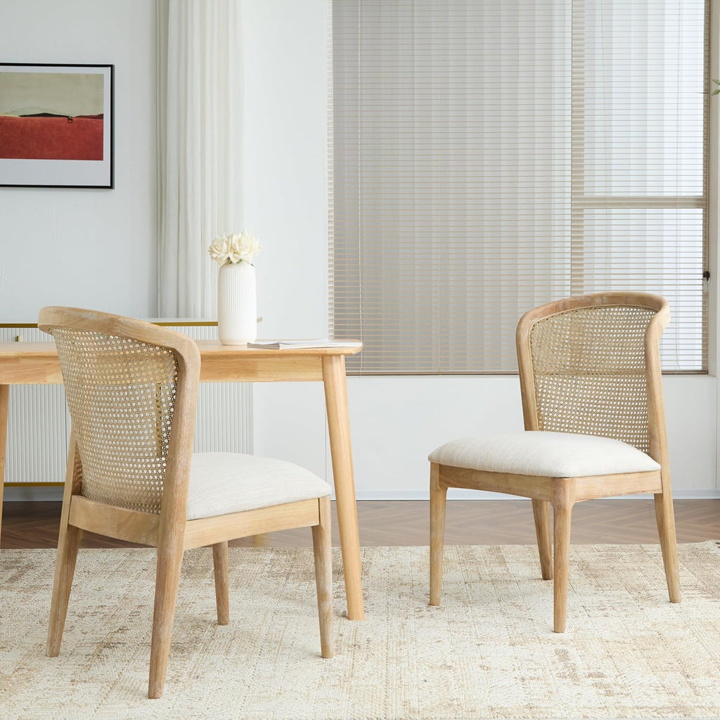 Christopher Knight Home Lilia Dining Chairs Set of 2, Modern Dining Chair with Fabric Upholstery, Rubberwood Frame Kitchen Chairs with Cane Webbing, Extra Seat for Dining Room, Beige + Natural