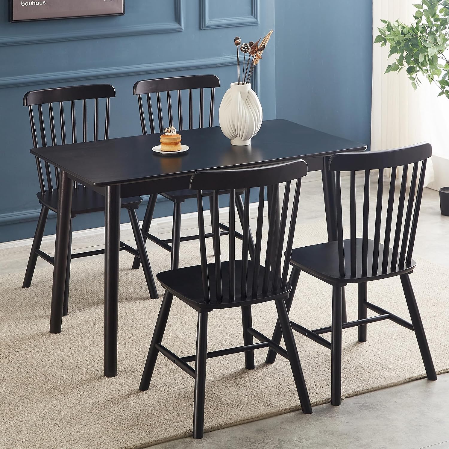 Black Windsor Dining Chairs Set of 6, Solid Wooden Dining Chairs, Spindle Back Dining Room Chairs, Modern Farmhouse Kitchen Chairs for Living Room, Restaurant, Cafe