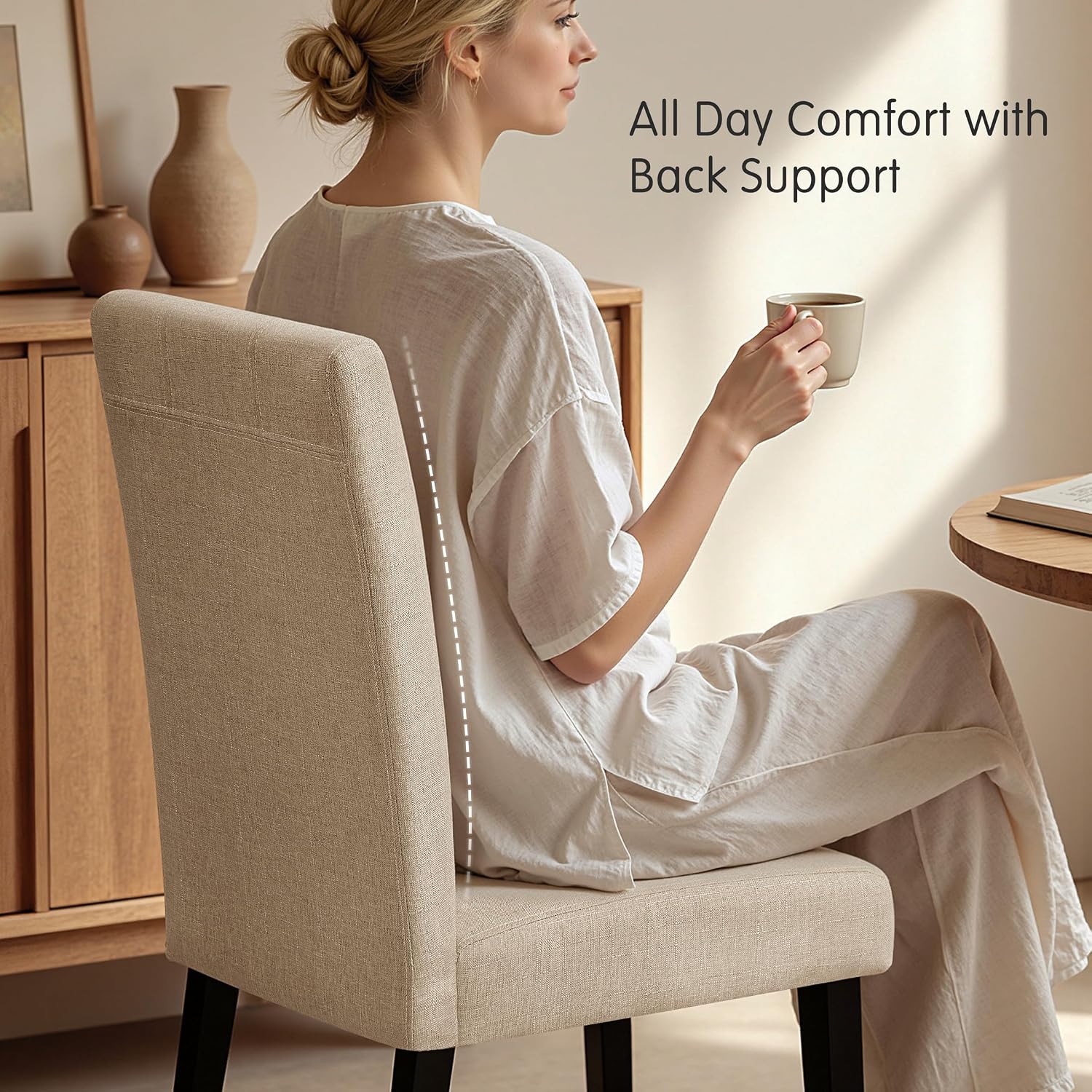 CHUN YI Upholstered Dining Chairs Set of 6, Fabric Dining Room Chairs with Solid Wood Legs, Modern Kitchen Chairs for Farmhouse Living Room Restaurant & Cafe, Oatmeal