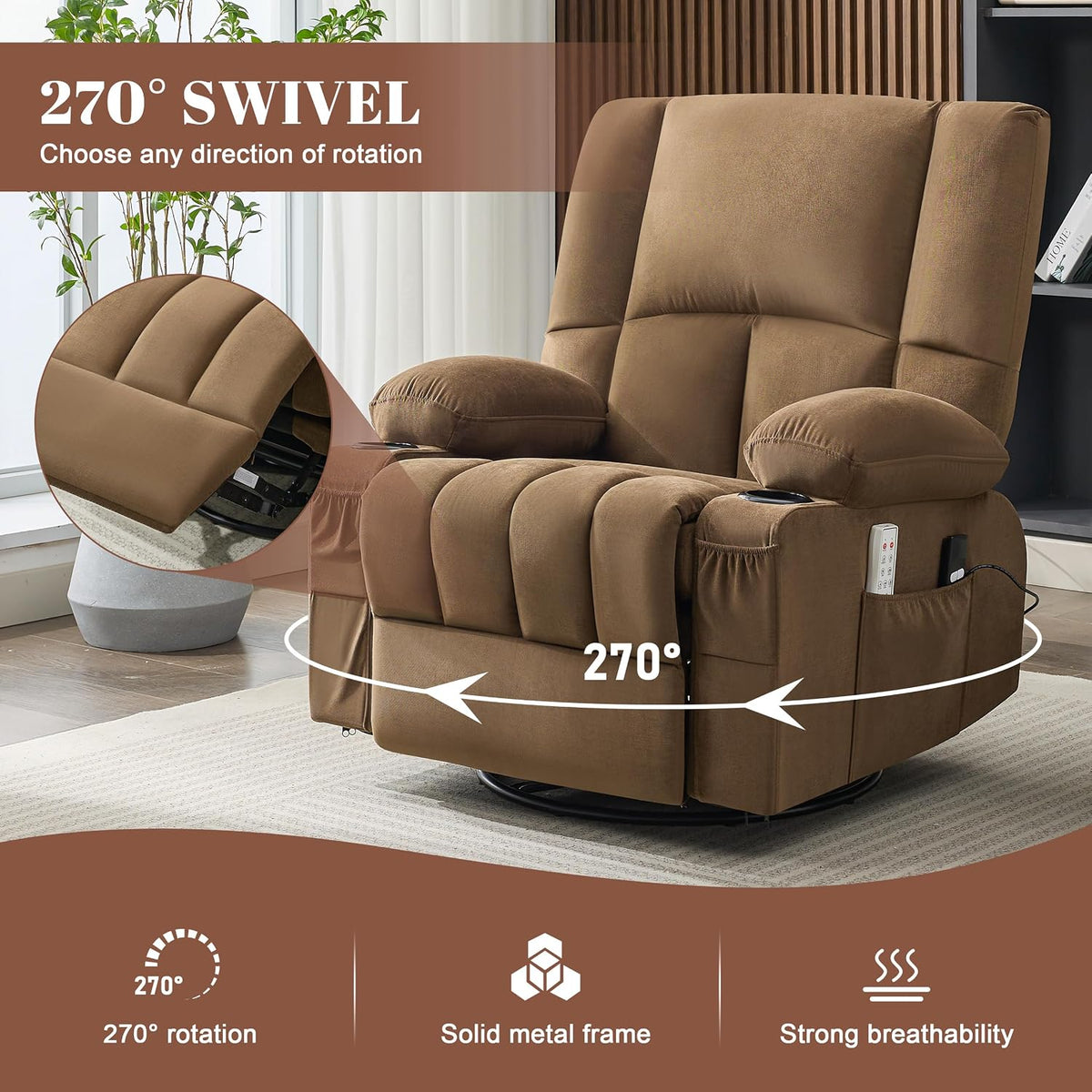 Oversized Recliner Chairs for Adults, 270° Swivel Rocker Recliner with Heat and Massage Lazy Boy Recliner,Recliner Chairs Single Sofa Seat with Cup Holders (Brown,Electric)