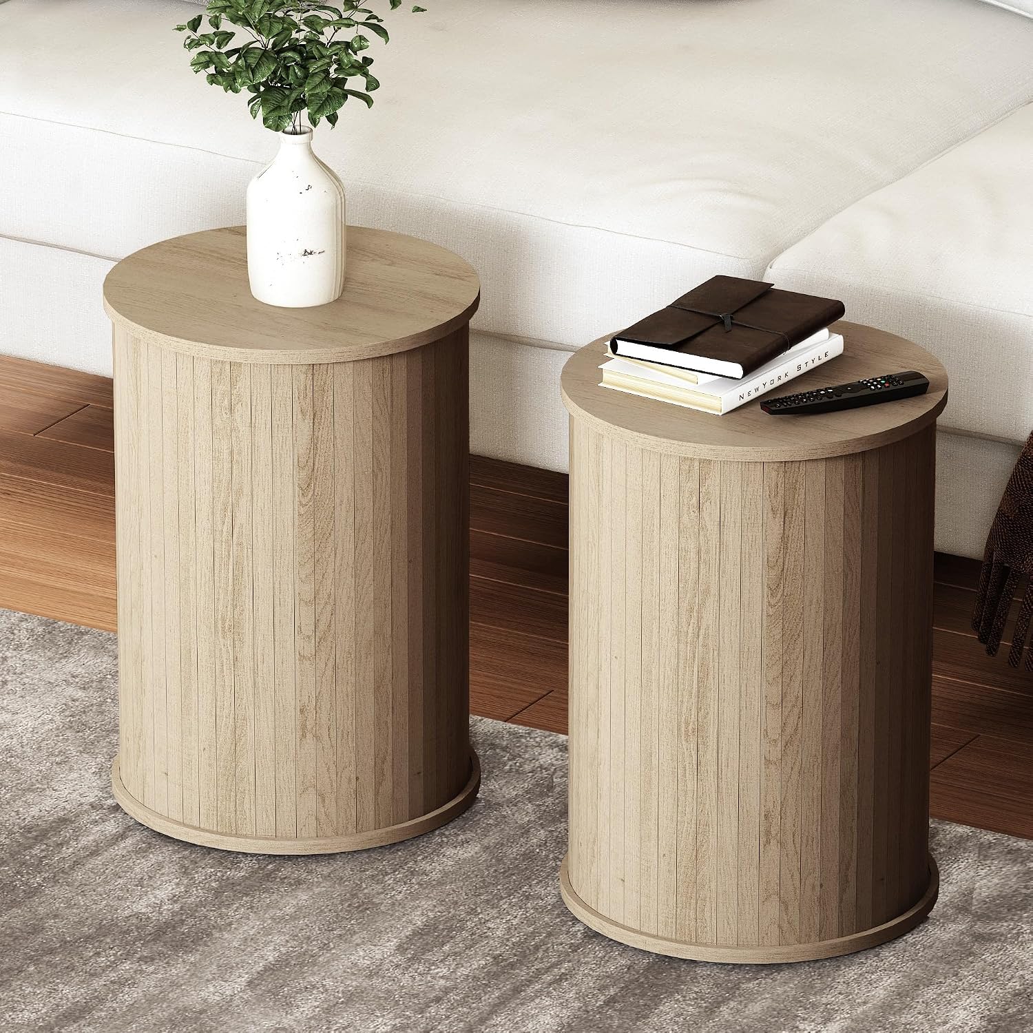 Round Fluted End Table for Living Room, Modern Wooden Sofa Couch Side Table for Small Spaces, 21.9" H Nightstand Set of 2 for Bedroom (Oslo Oak)