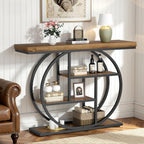Vongrasig Console Table with Circle Base, Industrial Narrow Entryway Table with Storage, 4-Tier Wood Sofa Table for Living Room, Hallway, Rustic Brown