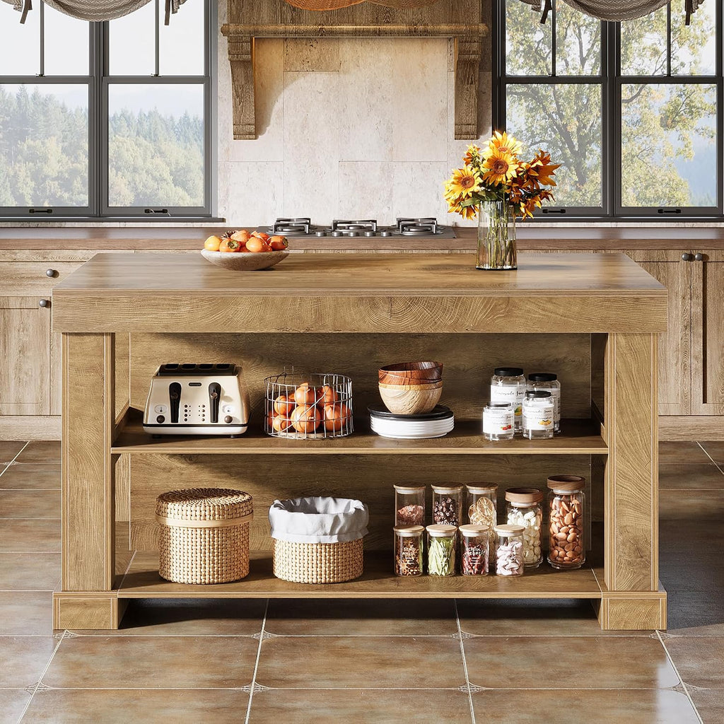 Tribesigns 55" Kitchen Island with Seating and Storage, 3-Tier, Farmhouse | Wood Stationary Island Table with Large Worktop & Legroom, Sturdy Coffee Bar Table with Storage Shelf for Kitchen, Brown