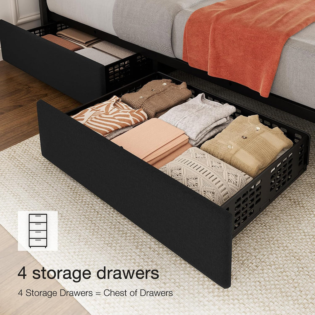 Garvee King Size Bed Frame, Linen Bed Frame with 4 Storage Drawers, Black