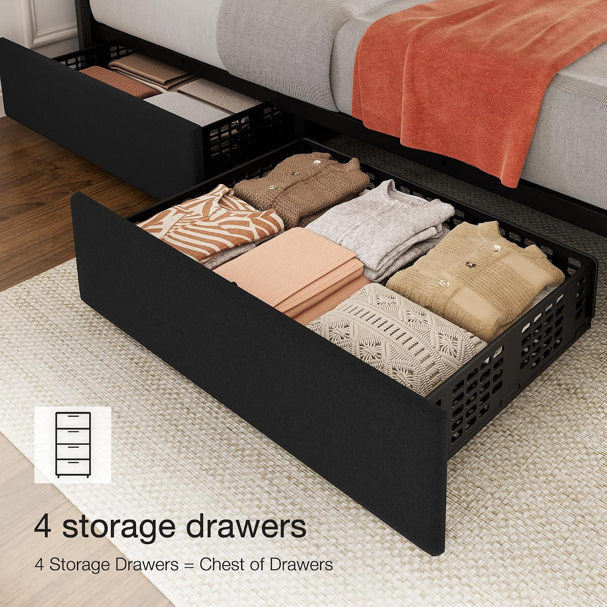 Garvee King Size Bed Frame, Linen Bed Frame with 4 Storage Drawers, Black