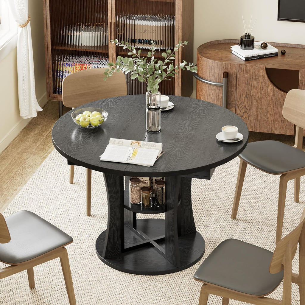 43.3''-59'' Extendable Round Dining Table for 4-8, Expandable Kitchen Table with Storage Shelf, Space Saving Circle Kitchen Table, Round Oval Dining Room Table for Living Room