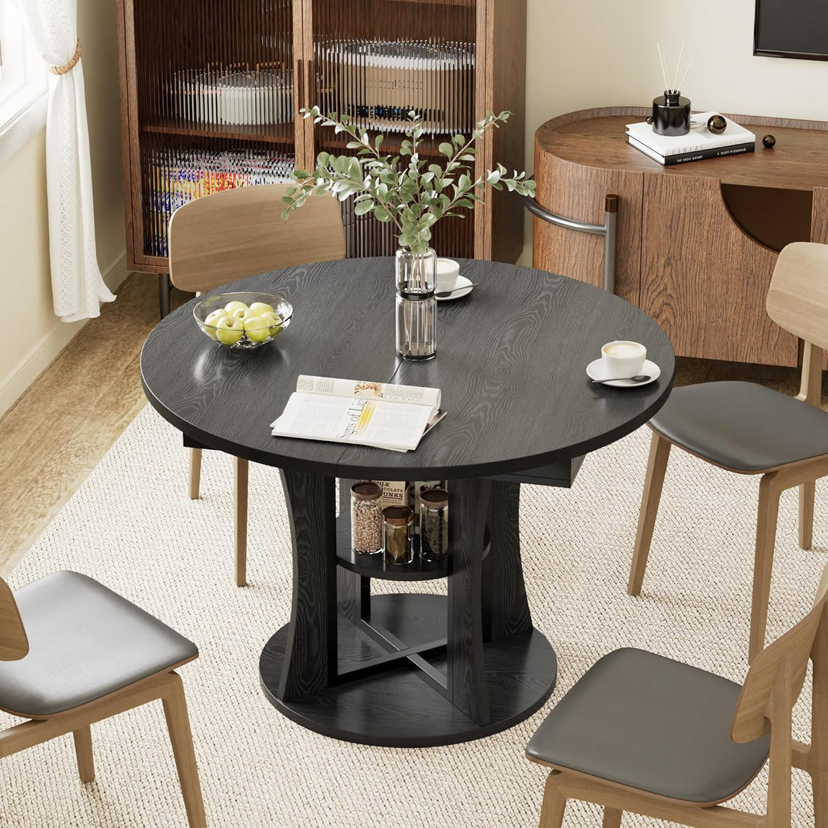 43.3''-59'' Extendable Round Dining Table for 4-8, Expandable Kitchen Table with Storage Shelf, Space Saving Circle Kitchen Table, Round Oval Dining Room Table for Living Room