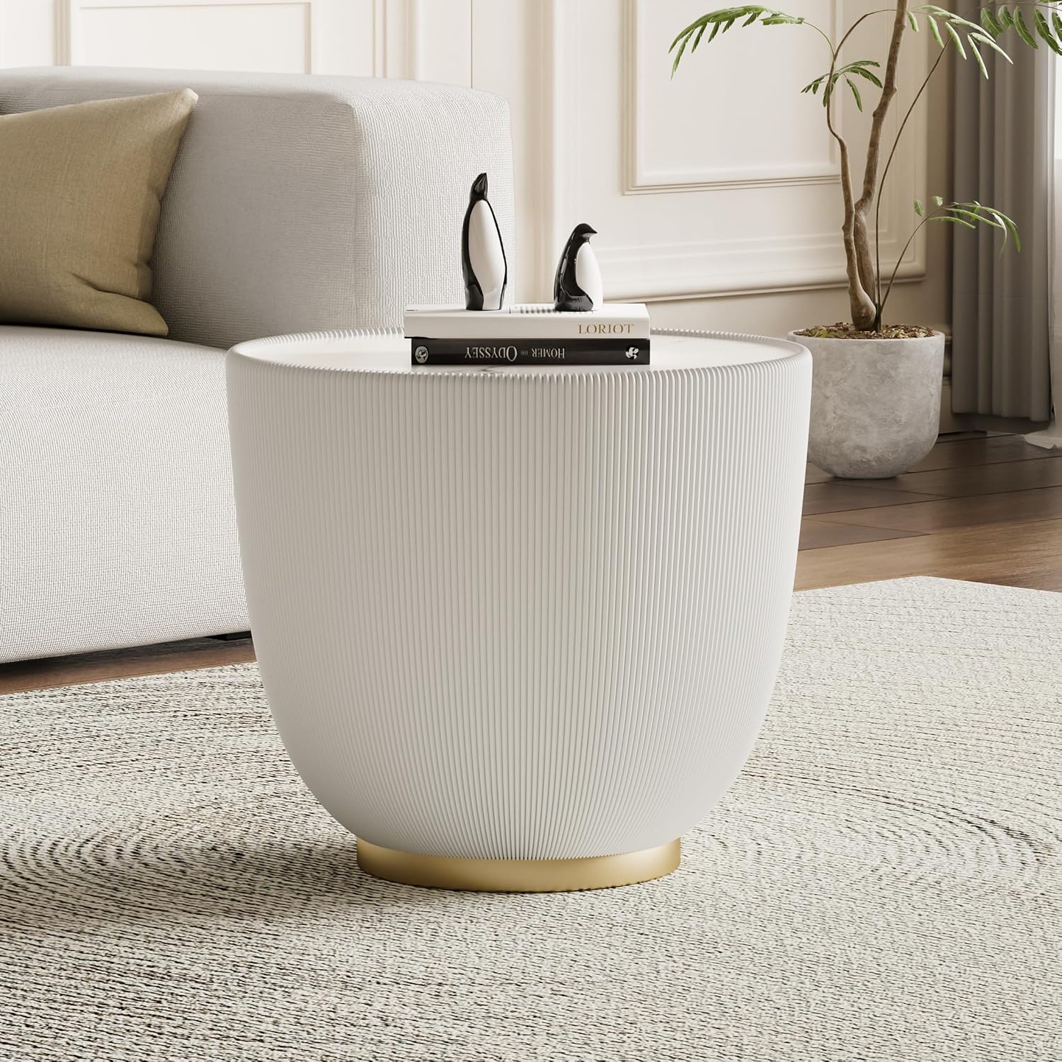 SSLine Bowl-Shape Small Coffee Table Modern Sintered Stone Top Coffee Table in Cream White Leatherette Unique Bowl Side End Table for Living Room Bedroom