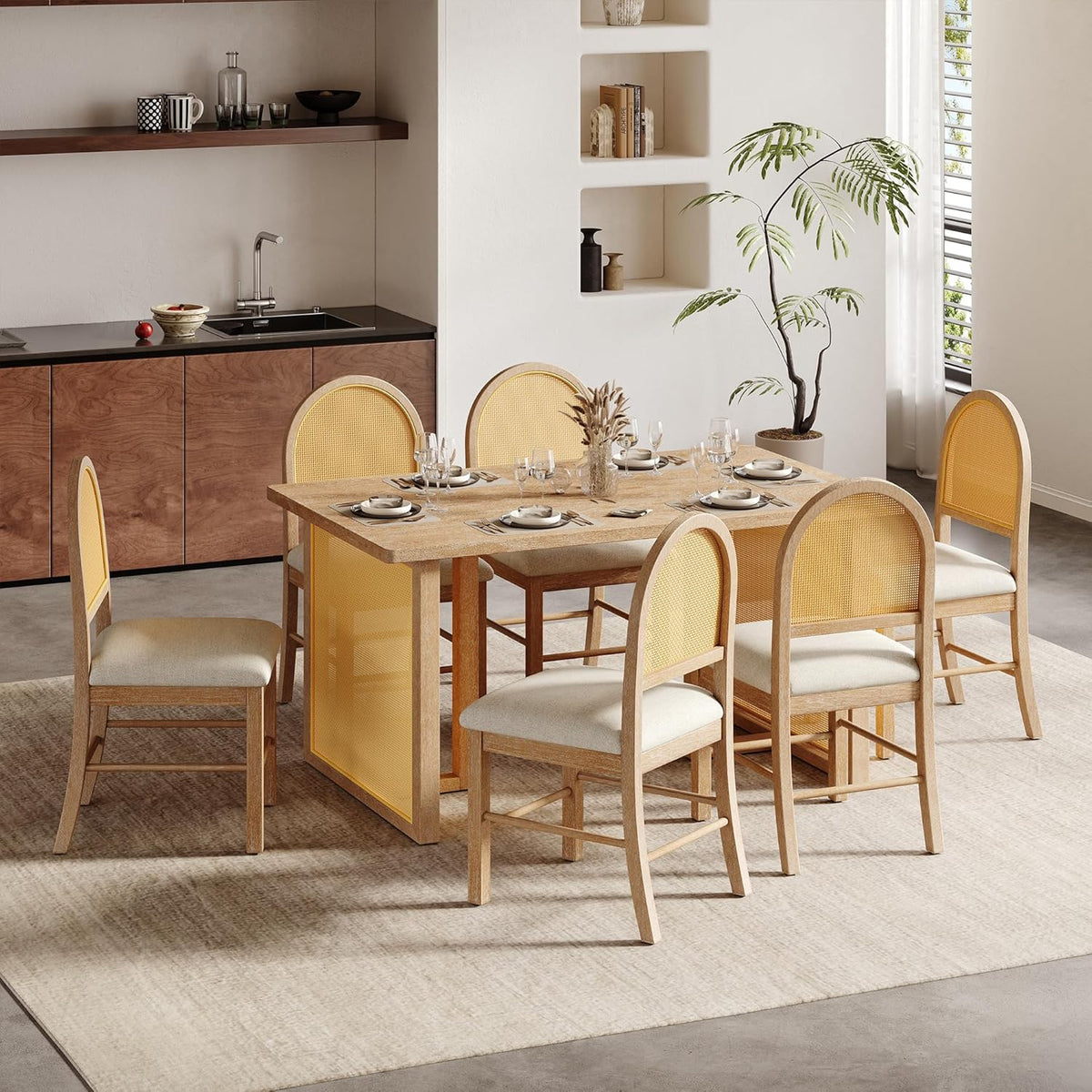 LUMISOL 7-Piece Dining Table Set with 6 Chairs, Rectangular Kitchen Table Set with 6 Rattan Chairs for Kitchen, Dining Room, Natural+Beige