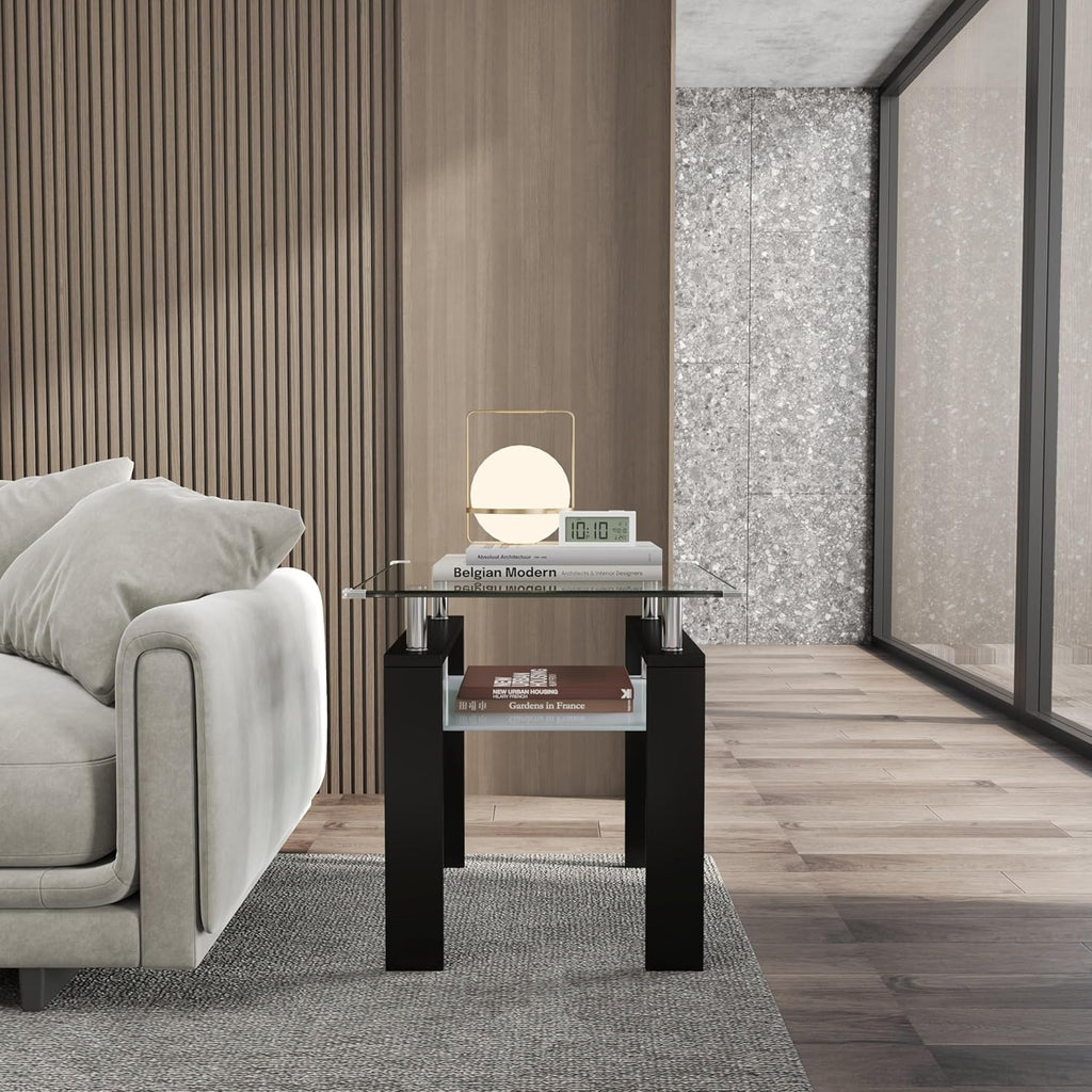 Square Glass End Table,2-Tier Tempered Glass Modern Living Room Side Table with Metal Leg,Living Room/Small Space/Apartment