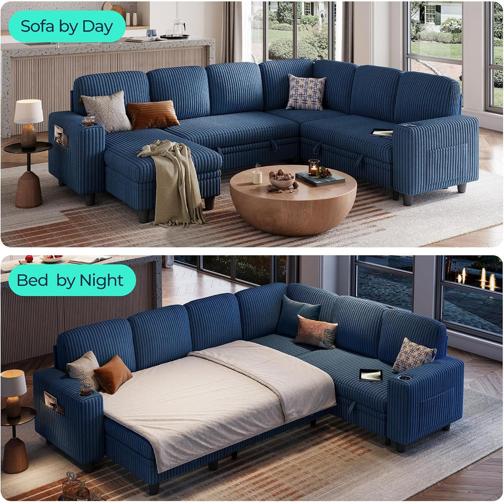 LINSY HOME Sectional Couches for Living Room, 81" U Shape 6 Seats, Blue | Sleeper sofa with pull out couch bed, corduroy couch with storage