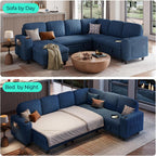 LINSY HOME Sectional Couches for Living Room, 81" U Shape 6 Seats, Blue | Sleeper sofa with pull out couch bed, corduroy couch with storage