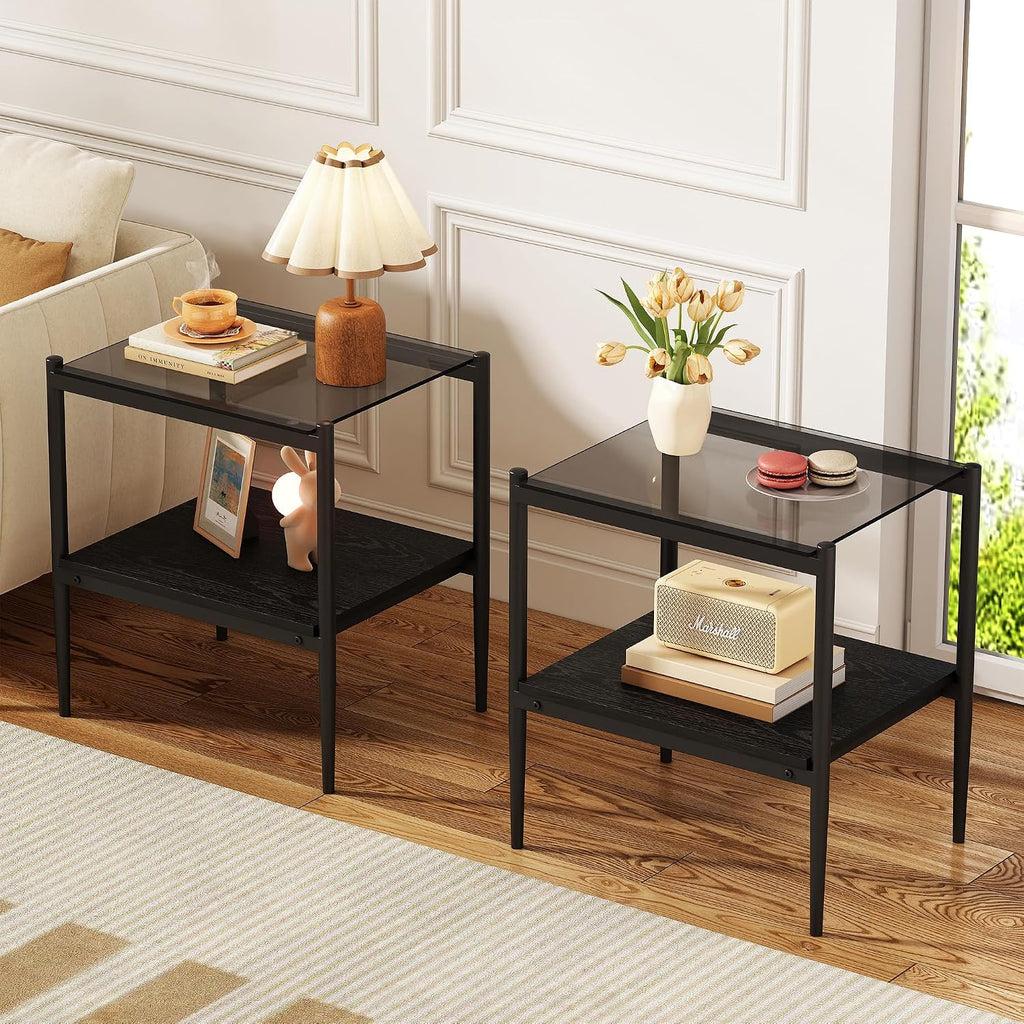 Modern Glass End Table, Tempered Glass Top, Sofa Side Table with MDF Storage Shelf and Metal Legs, Perfect for Living Rooms, Bedrooms, and Small Spaces (Gray Glass+Black)