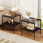Modern Glass End Table, Tempered Glass Top, Sofa Side Table with MDF Storage Shelf and Metal Legs, Perfect for Living Rooms, Bedrooms, and Small Spaces (Gray Glass+Black)