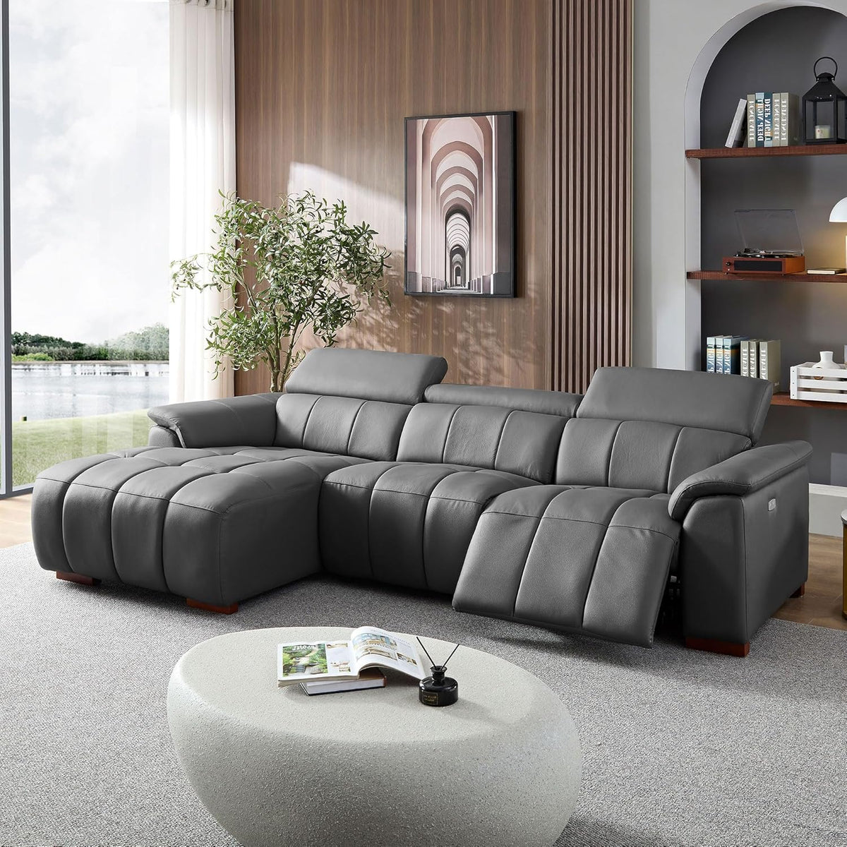 KEIKI 113" L-Shaped Genuine Leather Wall-Hugger Reclining Sofa with Left Chaise, Adjustable Backrest & Footrest, Modern Electric Control 3-Seater Couch with USB, for Living Room, Dark Grey
