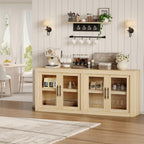 GarveeHome 70.8 in Sideboard Buffet Cabinet with Storage, Mid Century Modern Accent Cabinet with 4 Glass Doors, Wood Coffee Bar Media Console Credenza for Living Room, Kitchen, Hallway, Natural