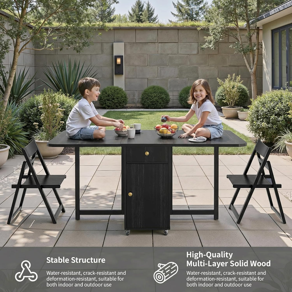 Folding Dining Table and Chairs - 51" Fully Assembled Drop Leaf Table 4-6 Seater with Storage and Lockable Wheels, Space-Saving Set with 4 Chairs for Kitchen or Dining Room (Black)