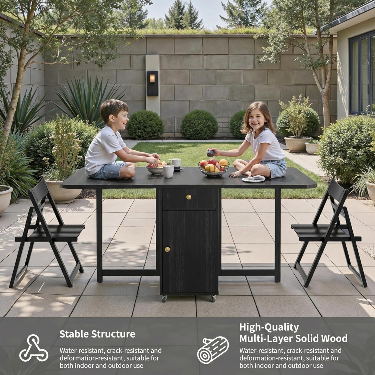 Folding Dining Table and Chairs - 51" Fully Assembled Drop Leaf Table 4-6 Seater with Storage and Lockable Wheels, Space-Saving Set with 4 Chairs for Kitchen or Dining Room (Black)