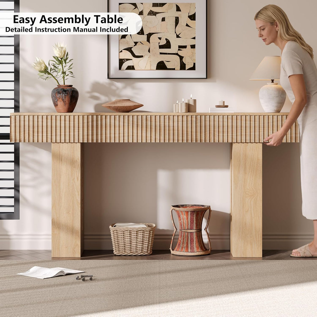 63-Inch Long Entryway Console Table with a Fluted Design, Thick Wood Farmhouse Sofa Table Behind Couch, Narrow Hallway Accent Table for Living Room, Foyer, Entrance, Natural Oak