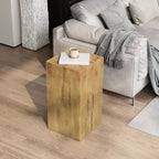 27.75" Tall End Table, Square Wood-Look Column for Indoor & Outdoor Use, Distressed Finish Side Table in Natural, Patio & Living Room Accent Table, Balcony Furniture