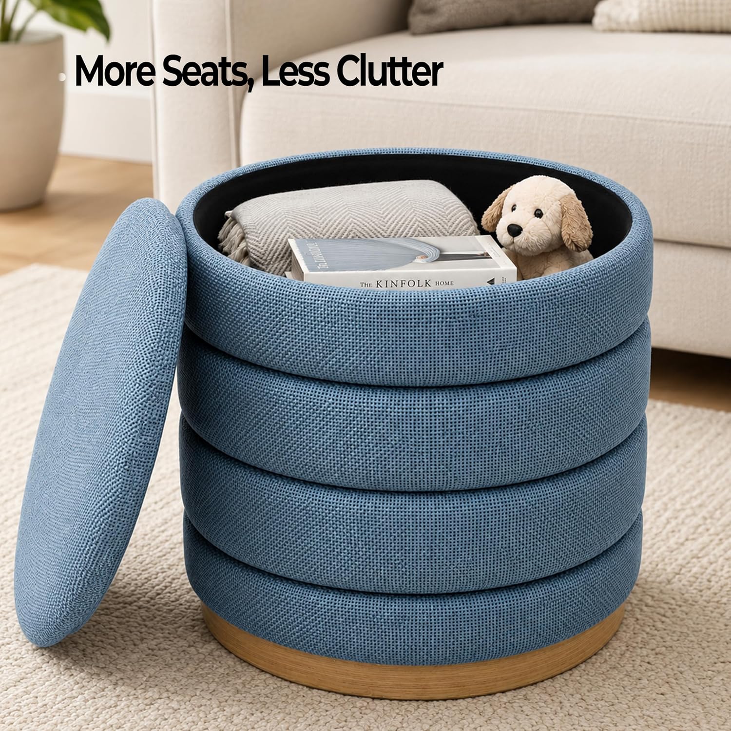 Linen Storage Ottoman Round Footrest with Hidden Storage, Light Blue 16" L X16 W X 17" H