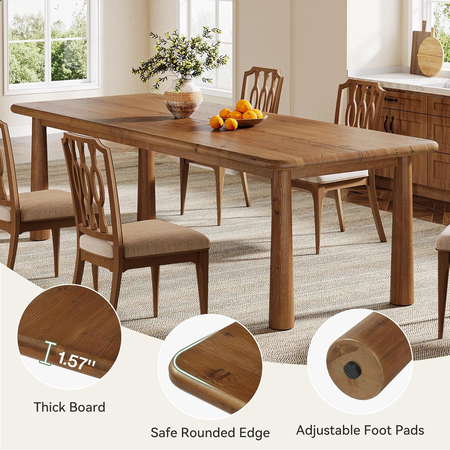 63-Inch Solid Wood Dining Table, Farmhouse Kitchen Table for 4 to 6, Rectangular Wood Dining Room Table for Home, Kitchen, Living Room (Rustic Brown)