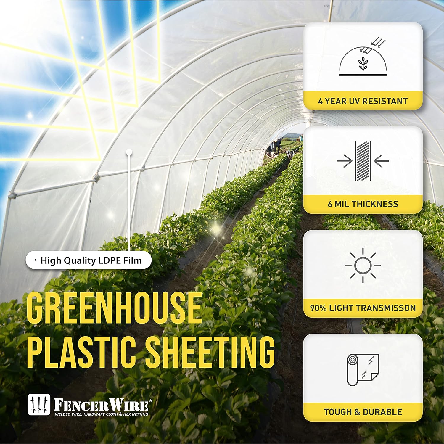 CAPHAUS 6 mil Clear Greenhouse Plastic Sheeting, 4-Year UV Resistant Polyethylene Film, Hoop House Cover for Horticulture, Gardening, Farming and Agriculture, 90% Light Transmittance, 16’ x 28’