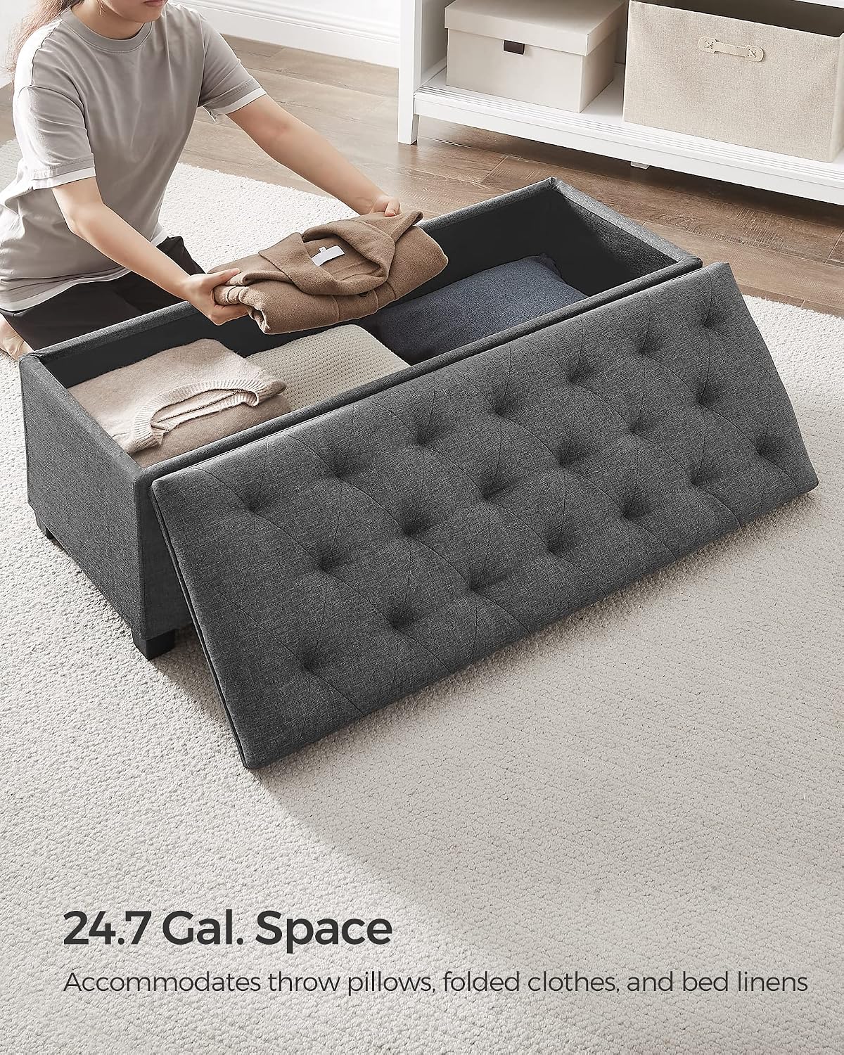 SONGMICS Storage Ottoman Bench, Foot Rest with Legs, Load up to 661.4 lb | End of Bed Bench, Storage Chest, 43.3 x 15.8 x 15.8 Inches, Slate Gray and Ink Black, MELISA Collection ULSF088G01