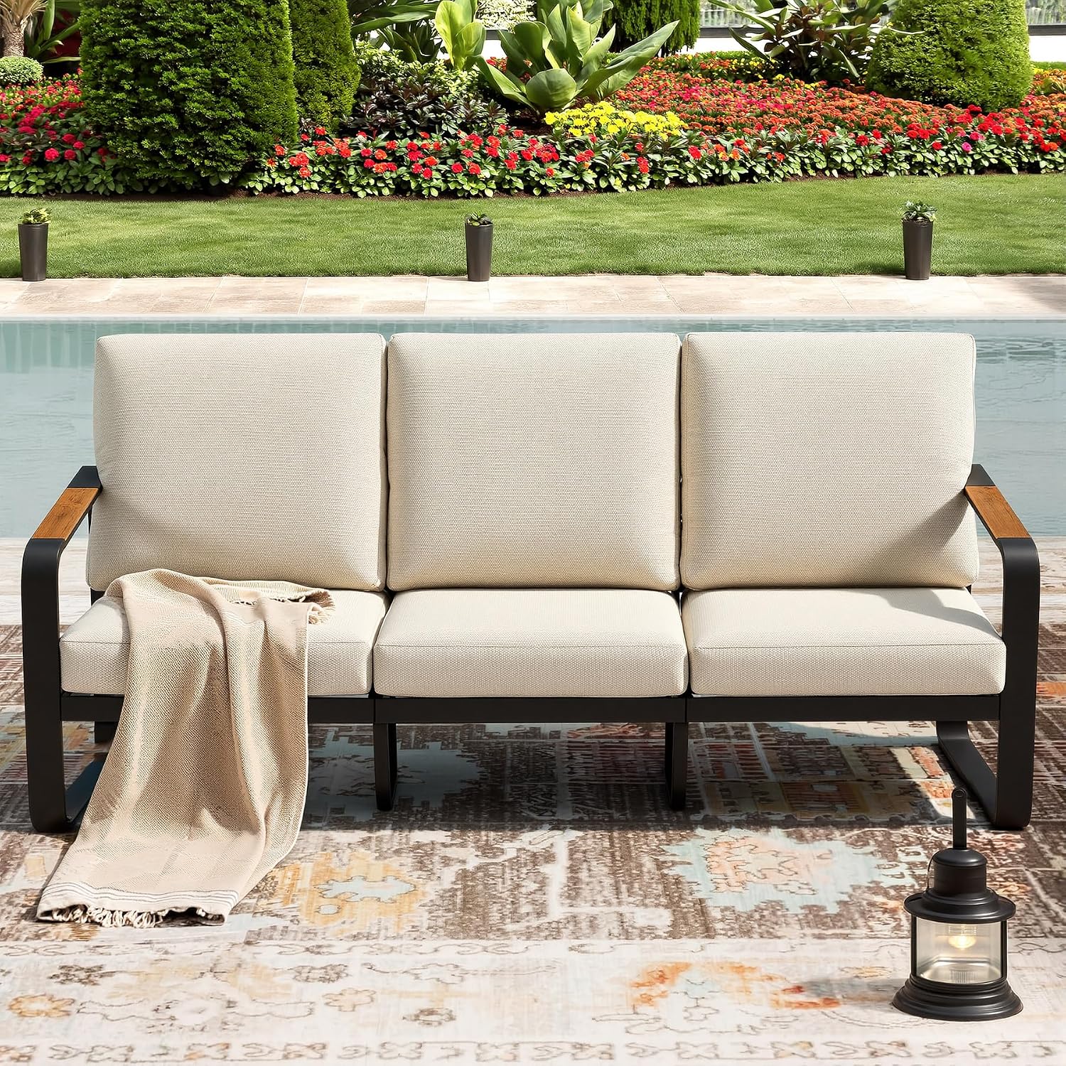 Tribesigns Outdoor Patio 3 Seater Sofa Tall Back & Oversized Seat, Modern Metal Frame Patio Couch with 6'' Thick Cushions & WPC Armrests, All-Weather Conversation Sofa for Backyard, Poolside, Beige