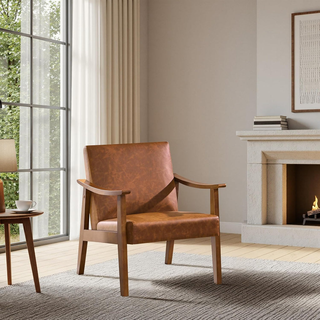 Yaheetech Accent Chairs, Mid-Century Faux Leather Armchairs, Light Brown
