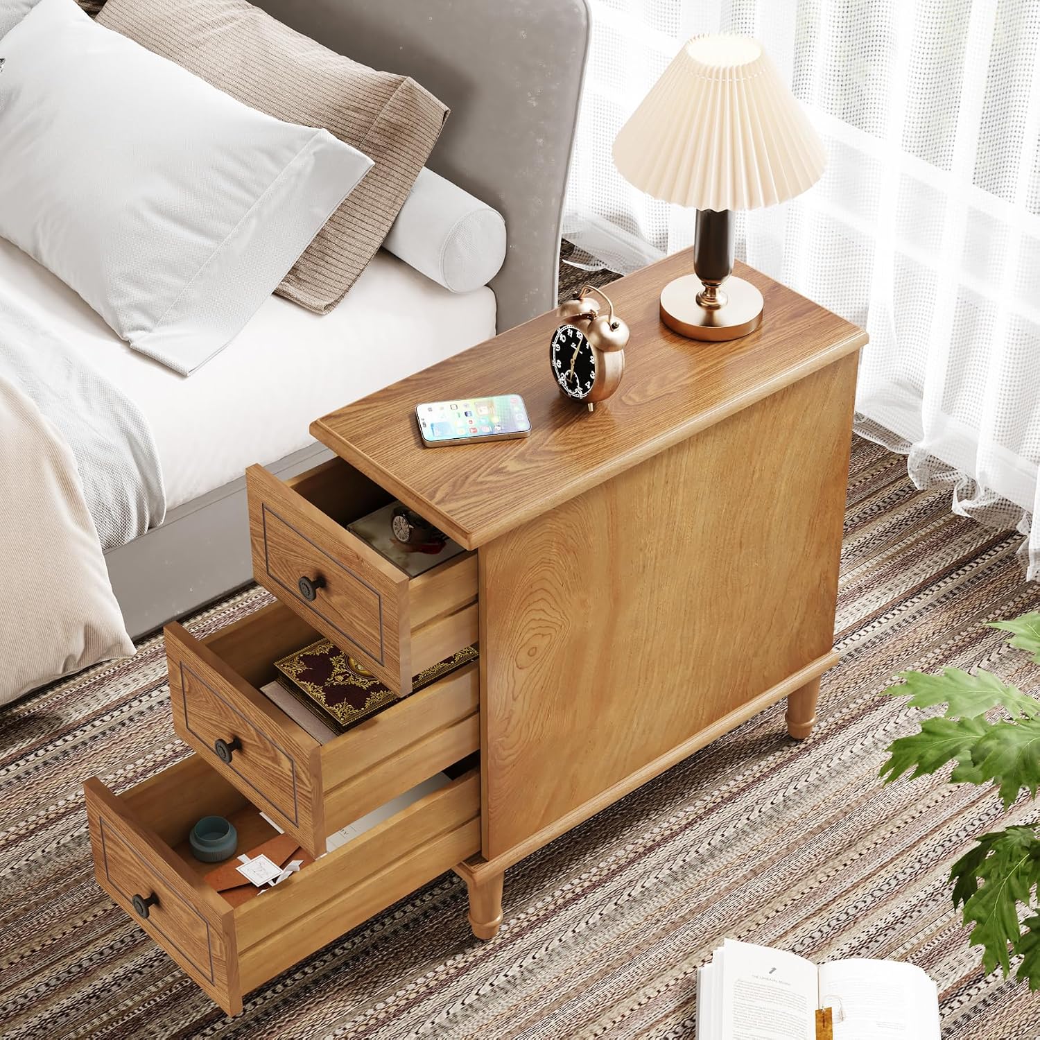 Tribesigns Solid Wood End Table, Fully Assembled Narrow Side Table with Drawers, Pre-Assembled Nightstand Slim Bedside Table for Small Spaces, Living Room, Bedroom, Wood