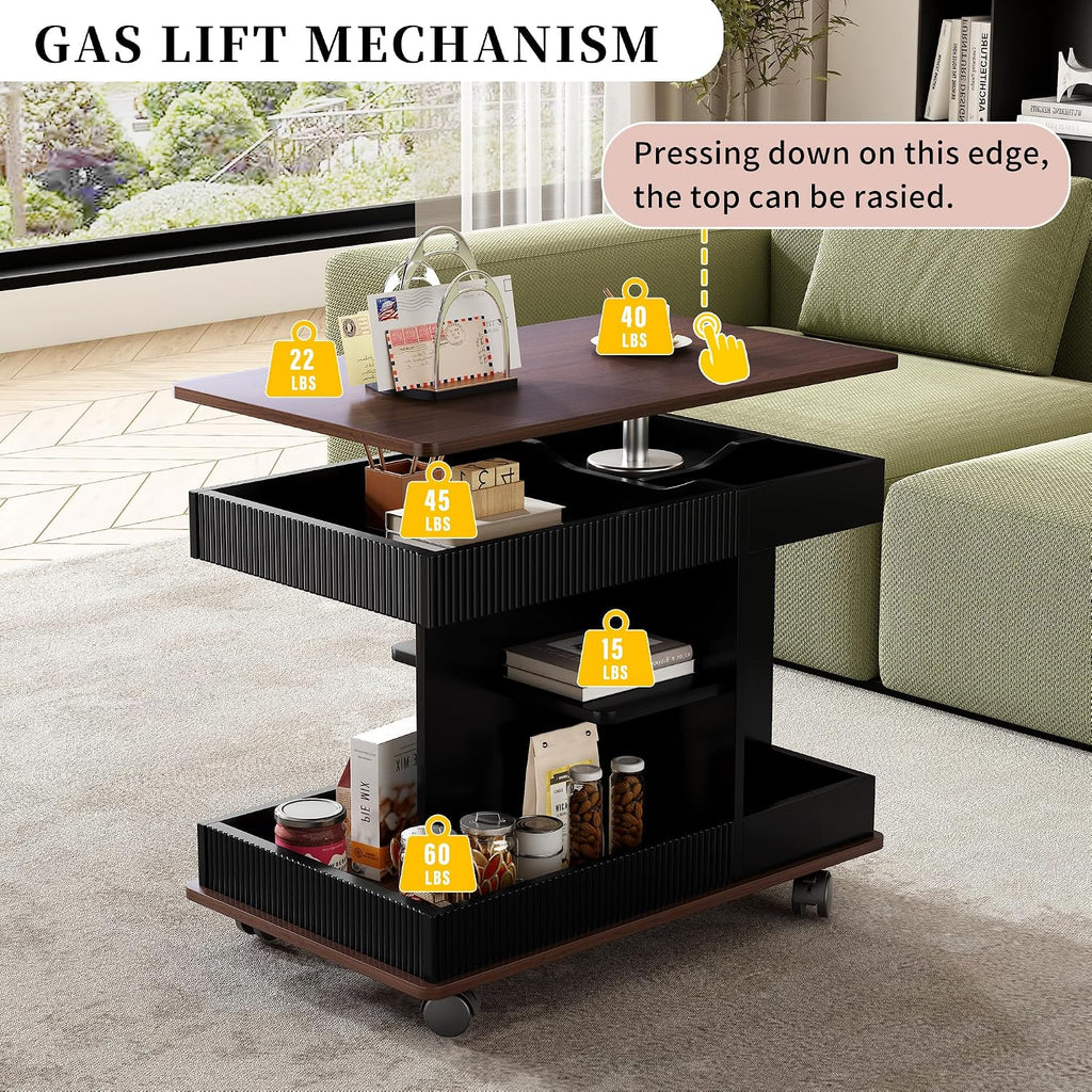 Modern Adjustable End Table with Wheels, 360° Rotating and Adjustable Lift-Top Design, Multifunctional Sofa Side Table with Storage Space for Living Room, Small Space (Black+Brown/508)