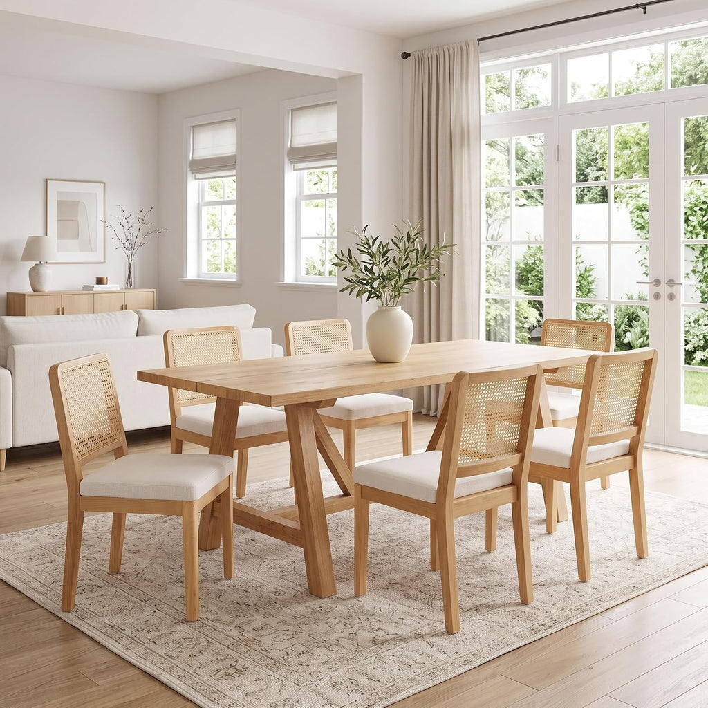 HNY Modern Farmhouse Rattan Dining Chairs Set of 4 Beige Chenille Upholstered Dining Room Chair with Cane Back Mid Century Natural Wood Kitchen Chairs, Boho Accent Wicker Woven Chairs for Living Room