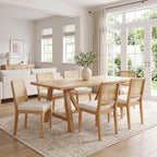 HNY Modern Farmhouse Rattan Dining Chairs Set of 4 Beige Chenille Upholstered Dining Room Chair with Cane Back Mid Century Natural Wood Kitchen Chairs, Boho Accent Wicker Woven Chairs for Living Room