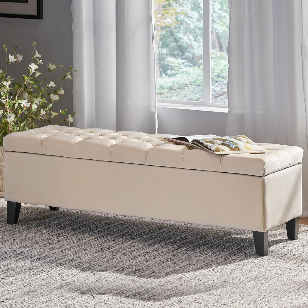 51" Storage Ottoman Bench, Foot Rest with Legs - Beige Button Tufted Storage Ottoman End of Bed with Safety Hinges, Entryway Bedroom Bench for Living, Dining Room and Hallway