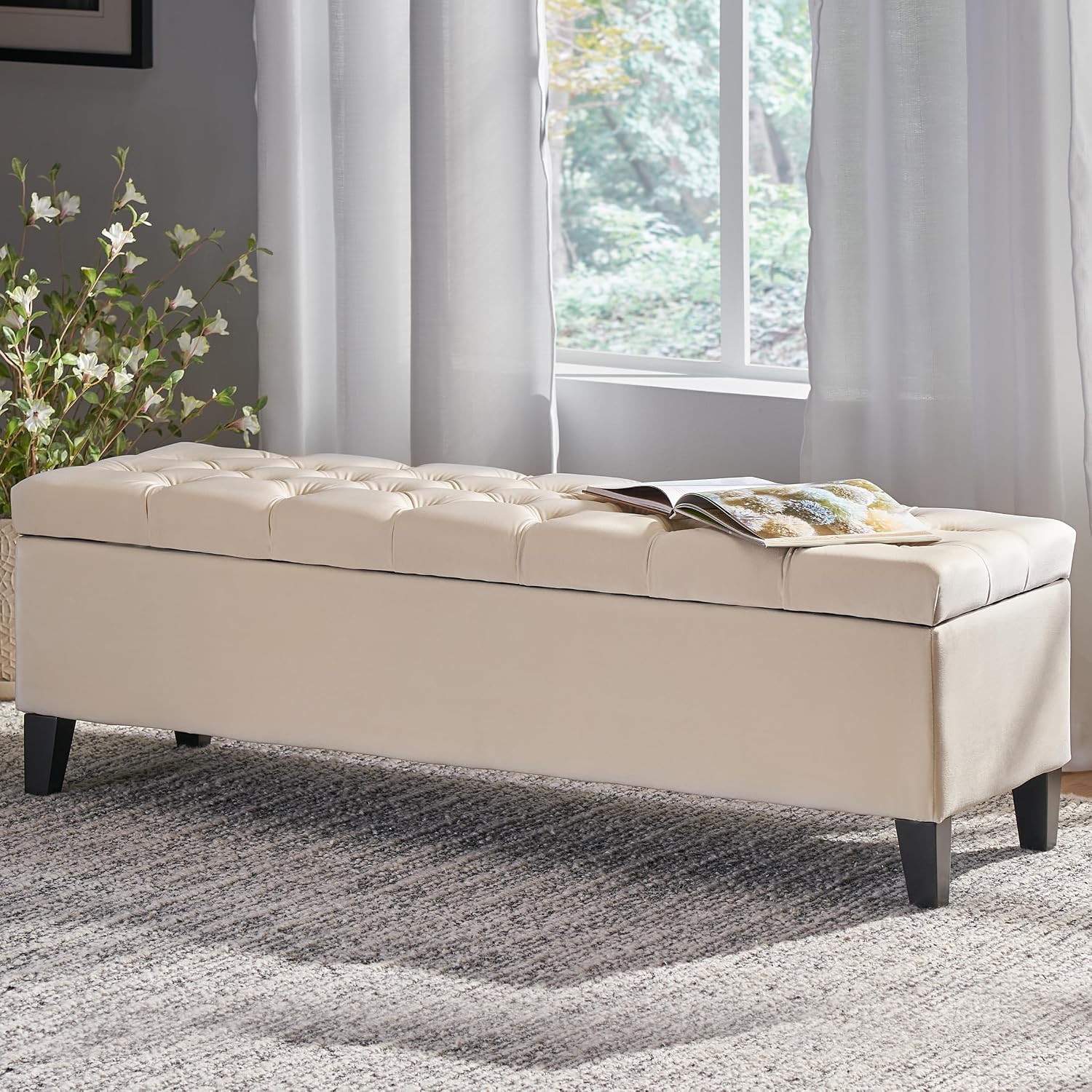 51" Storage Ottoman Bench, Foot Rest with Legs - Beige Button Tufted Storage Ottoman End of Bed with Safety Hinges, Entryway Bedroom Bench for Living, Dining Room and Hallway