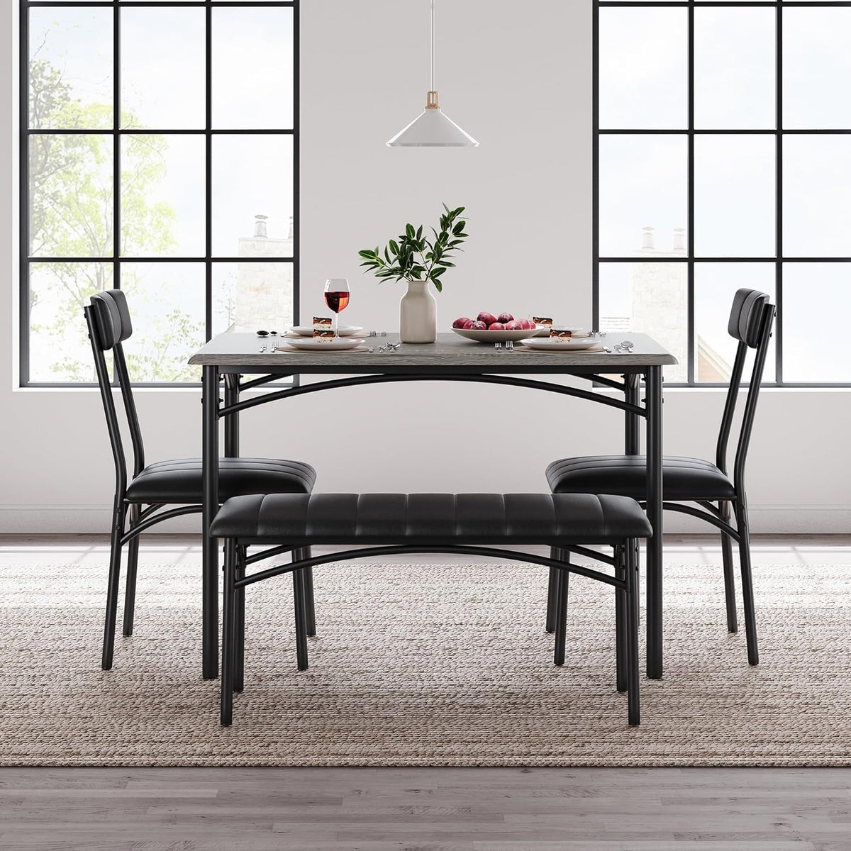 Garvee Dining Table Set for 4, Kitchen Table with Upholstered Bench and 2 Chairs, 4-Piece Wooden Dining Table Set for Apartment, Dining Room, Small Space, Gray